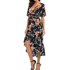 Anthropologie Aakaa Wrap Maxi Dress Size S Blue Floral‎ Tropical Boho V-neck